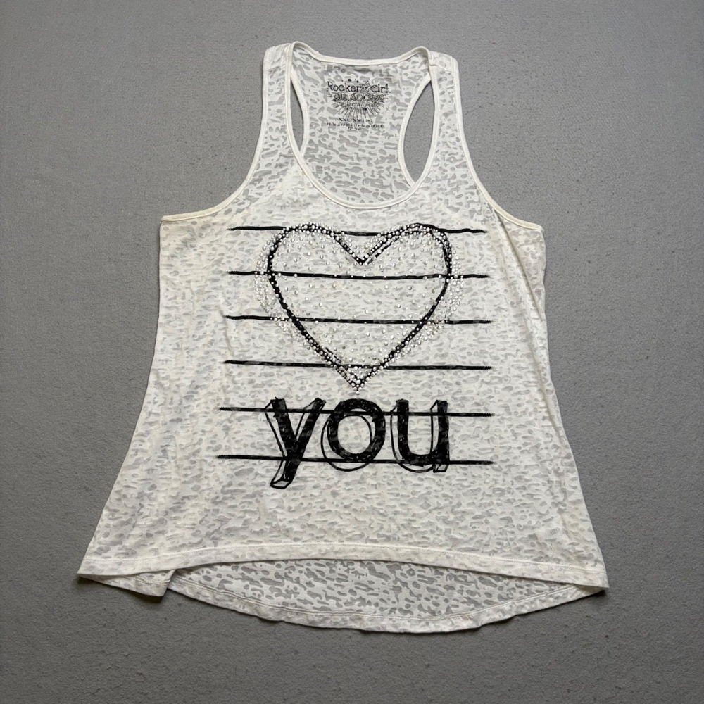 Rocker Girl Tank Top Womens XXL White Burnout Leopard Rhinestone Heart Y2K O89